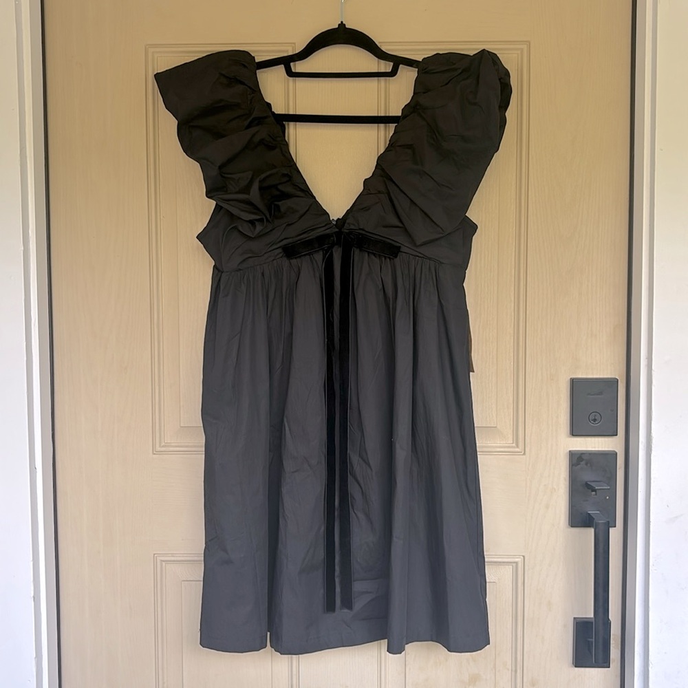 o.p.t Black Ruffled V-Neck Babydoll Dress with Velvet Bow